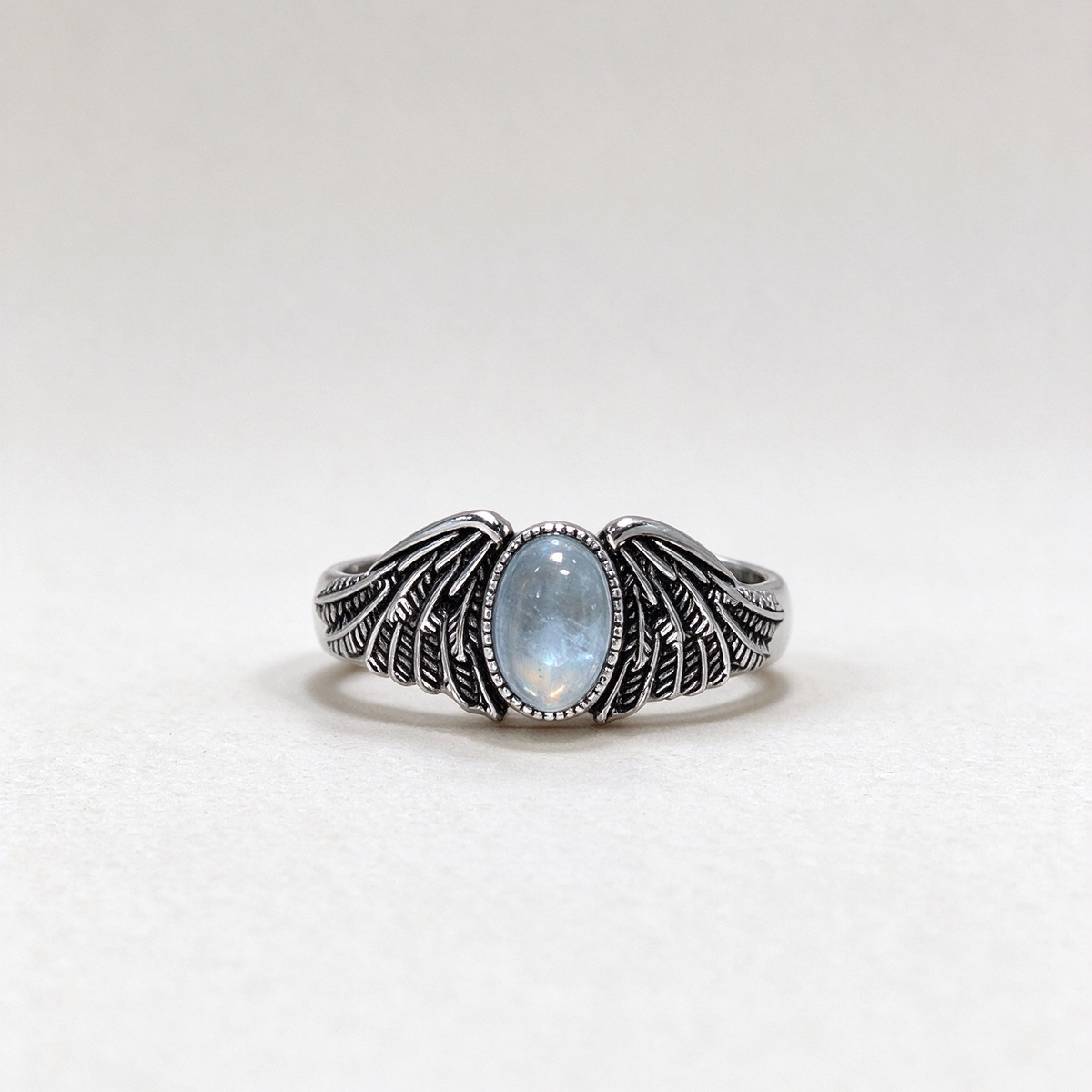 Natural Aquamarine Angel Wing Ring, Vintage S925 Unisex Adjustable Aquamarine Ring