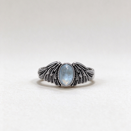 Natural Aquamarine Angel Wing Ring, Vintage S925 Unisex Adjustable Aquamarine Ring