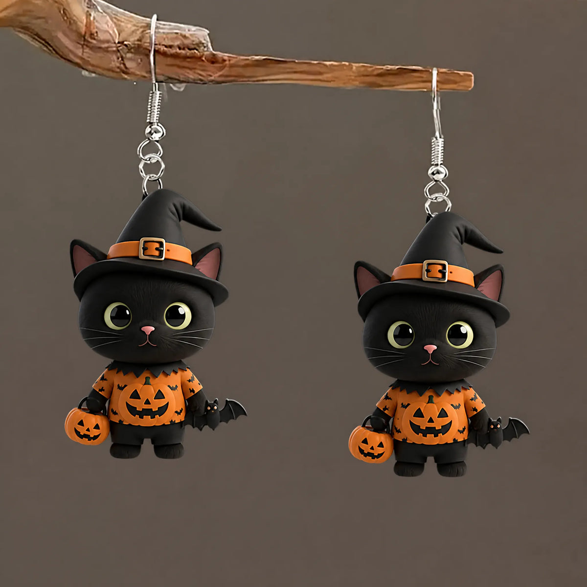 Black Cat Witch Hat Pumpkin Bat Print Outfit Halloween Earrings