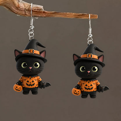 Black Cat Witch Hat Pumpkin Bat Print Outfit Halloween Earrings