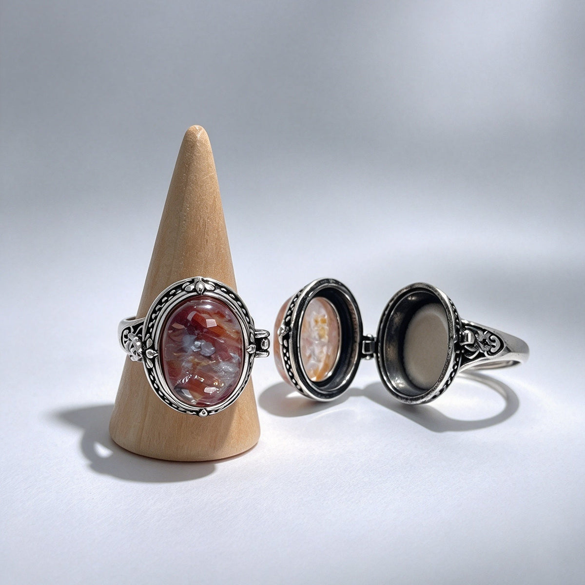 Vintage Openable Locket Ring, Natural Gemstone Keepsake Ring, One-of-a-Kind Unique Stone, Holds Fragrance Balm, Notes, Hair or Cremation Ashes