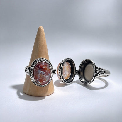 Vintage Openable Locket Ring, Natural Gemstone Keepsake Ring, One-of-a-Kind Unique Stone, Holds Fragrance Balm, Notes, Hair or Cremation Ashes