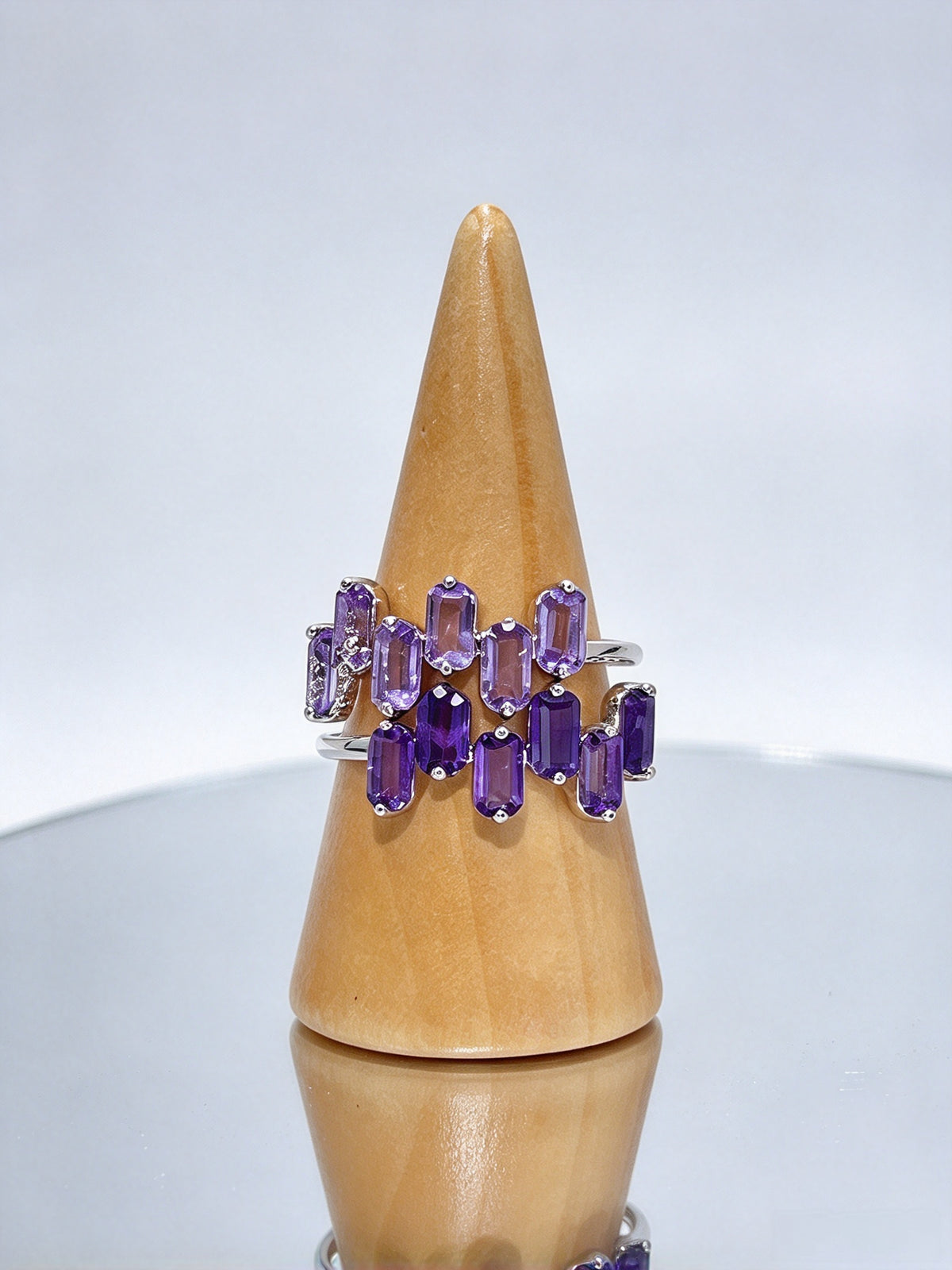 S925 Natural Amethyst Adjustable Open Ring, Rectangle Cut Purple Gemstone Ring