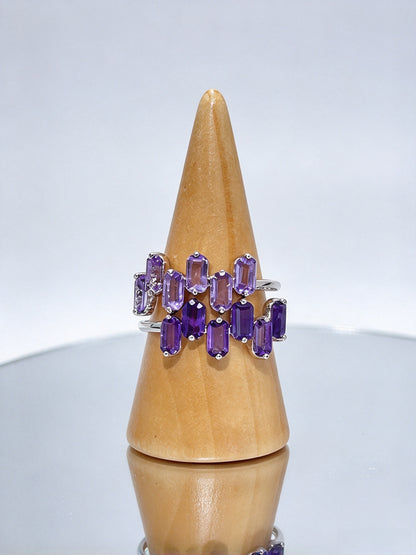 S925 Natural Amethyst Adjustable Open Ring, Rectangle Cut Purple Gemstone Ring