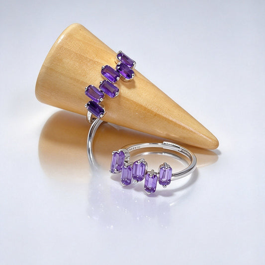S925 Natural Amethyst Adjustable Open Ring, Rectangle Cut Purple Gemstone Ring