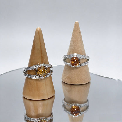 S925 Natural Yellow Phantom Quartz Open Adjustable Ring, Irregular Textured Silver Band Crystal Ring