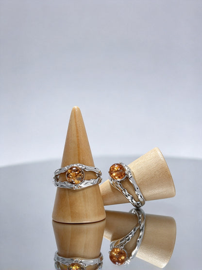 S925 Natural Yellow Phantom Quartz Open Adjustable Ring, Irregular Textured Silver Band Crystal Ring