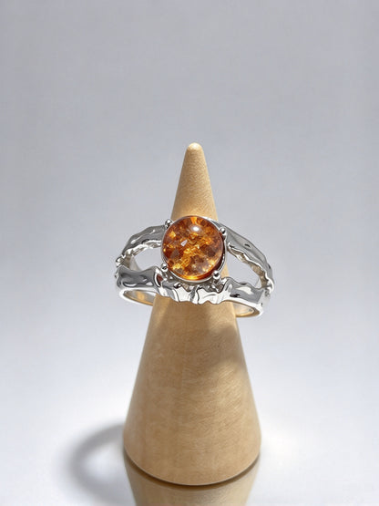 S925 Natural Yellow Phantom Quartz Open Adjustable Ring, Irregular Textured Silver Band Crystal Ring