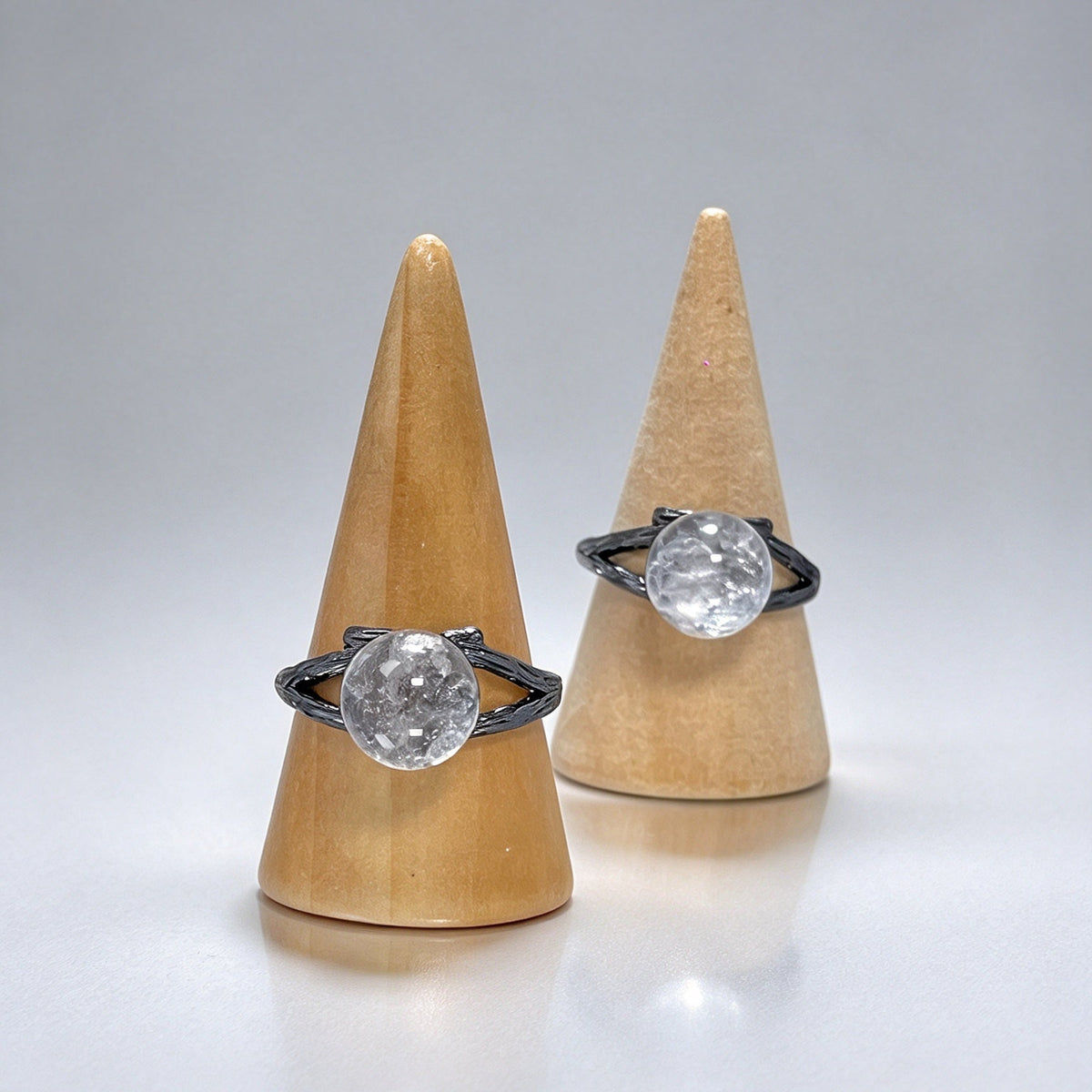 Natural Clear Quartz Open Adjustable Ring, Twig Textured Black Band Crystal Ring for Women