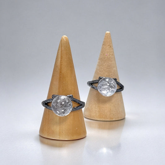 Natural Clear Quartz Open Adjustable Ring, Twig Textured Black Band Crystal Ring for Women