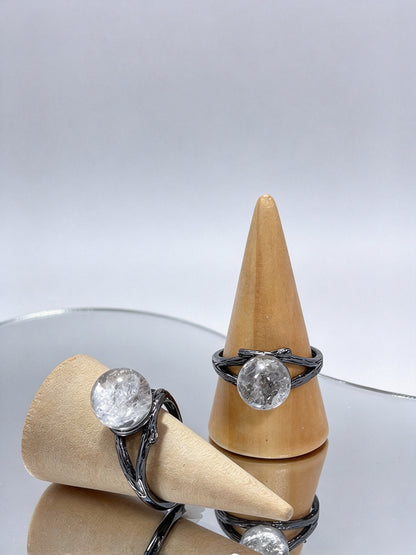 Natural Clear Quartz Open Adjustable Ring, Twig Textured Black Band Crystal Ring for Women