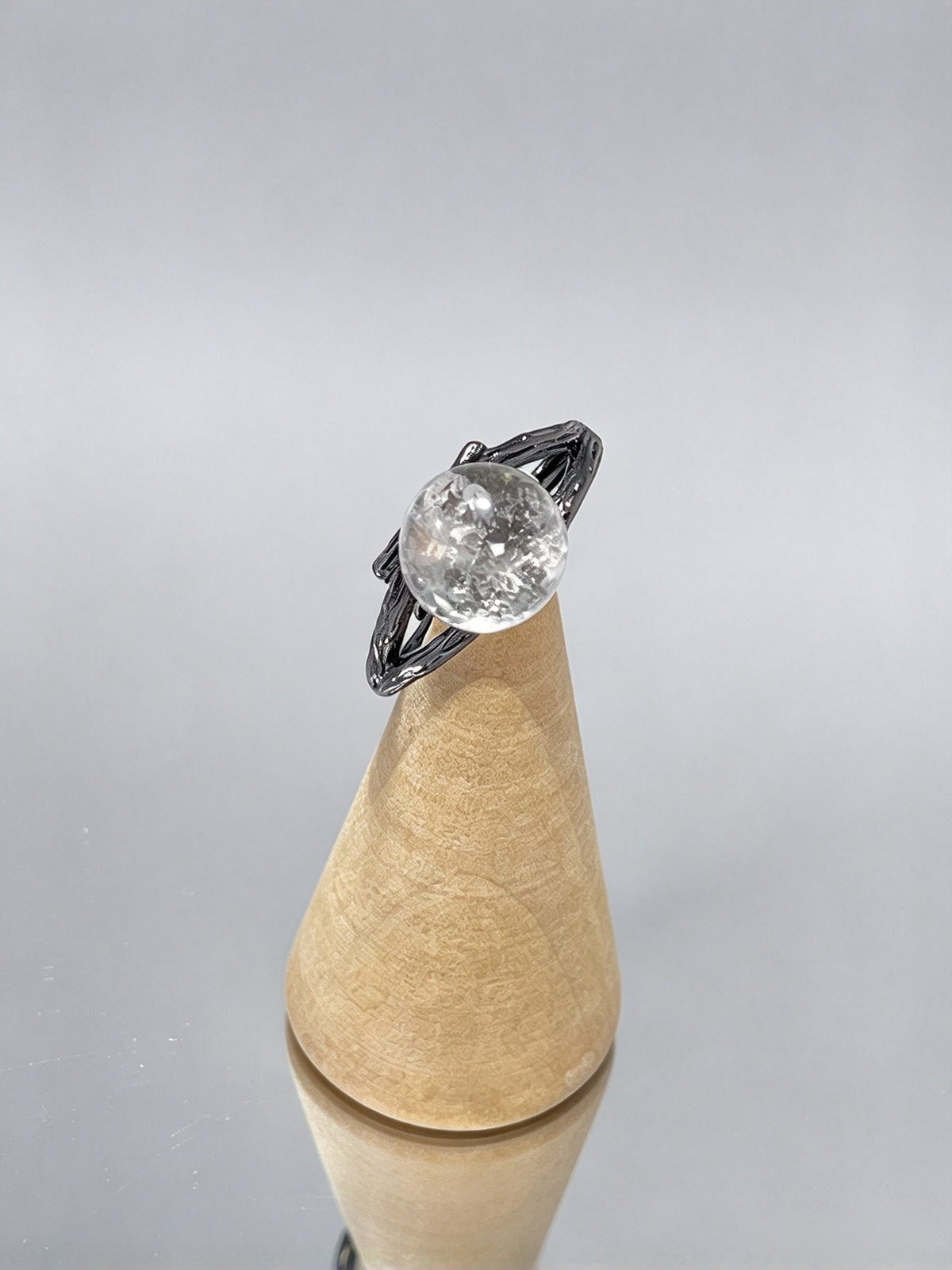 Natural Clear Quartz Open Adjustable Ring, Twig Textured Black Band Crystal Ring for Women
