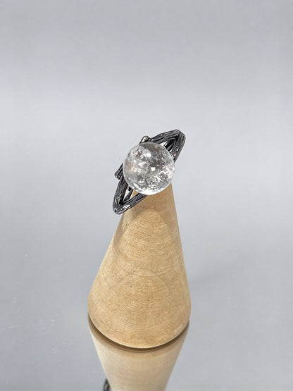 Natural Clear Quartz Open Adjustable Ring, Twig Textured Black Band Crystal Ring for Women