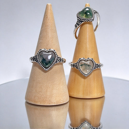Natural Moss Agate Heart Open Adjustable Ring, Vintage S925 Moss Agate Ring for Women