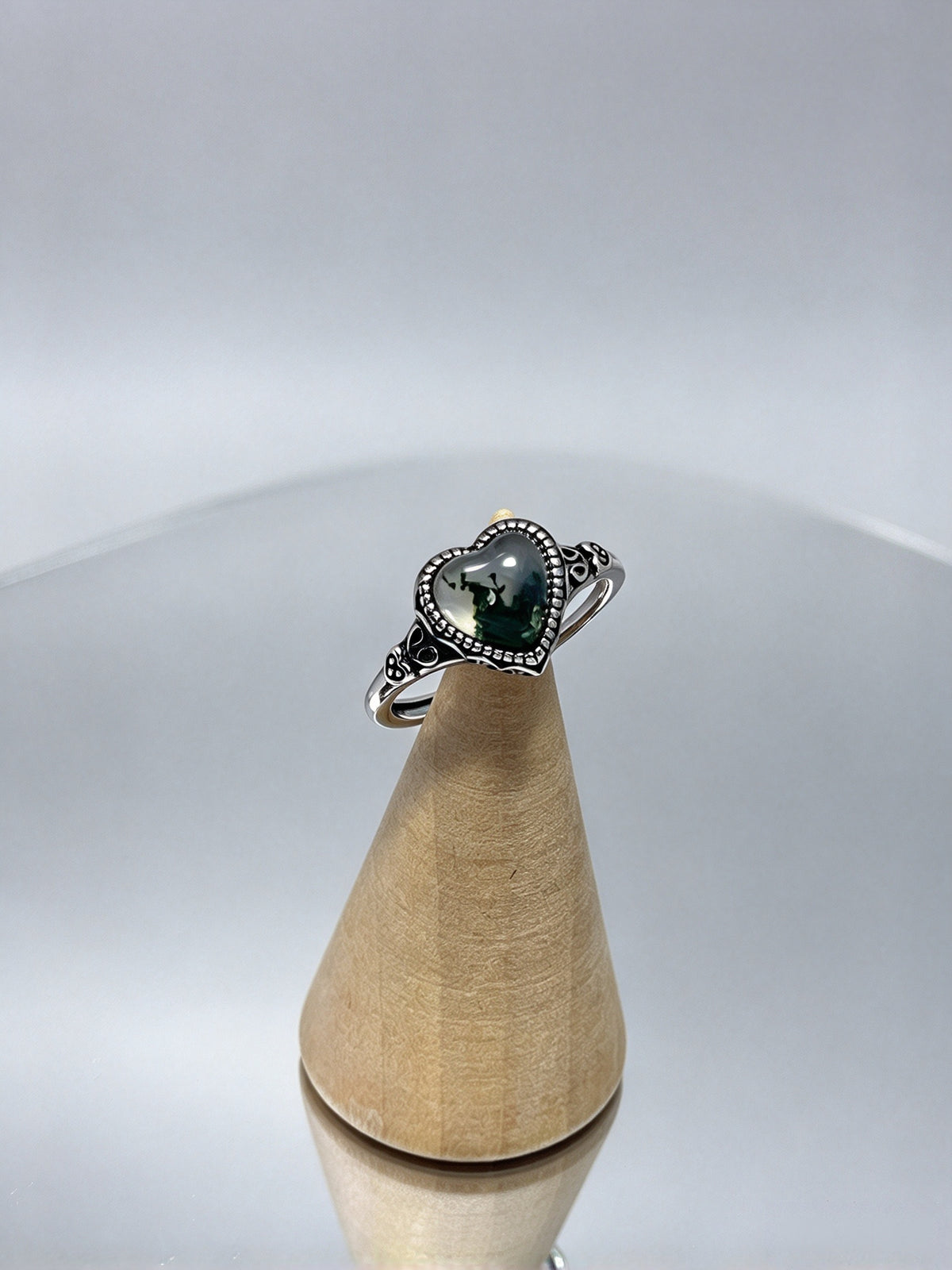 Natural Moss Agate Heart Open Adjustable Ring, Vintage S925 Moss Agate Ring for Women