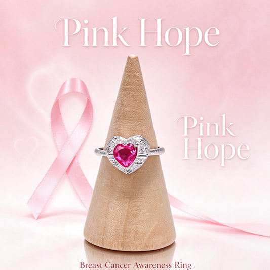 S925 Pink Heart Gem Ring, Pink Ribbon Breast Cancer Awareness Jewelry Gift for Women