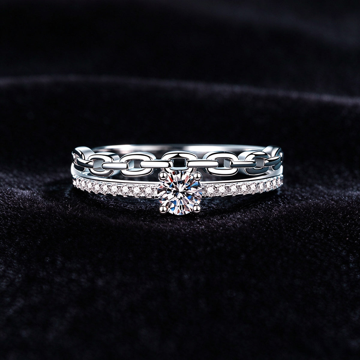 925 Sterling Silver Chain Link Moissanite Ring, Double Band CZ Promise Ring for Women