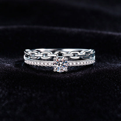 925 Sterling Silver Chain Link Moissanite Ring, Double Band CZ Promise Ring for Women