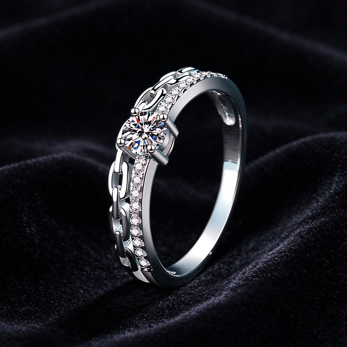 925 Sterling Silver Chain Link Moissanite Ring, Double Band CZ Promise Ring for Women