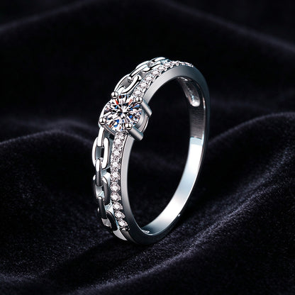 925 Sterling Silver Chain Link Moissanite Ring, Double Band CZ Promise Ring for Women