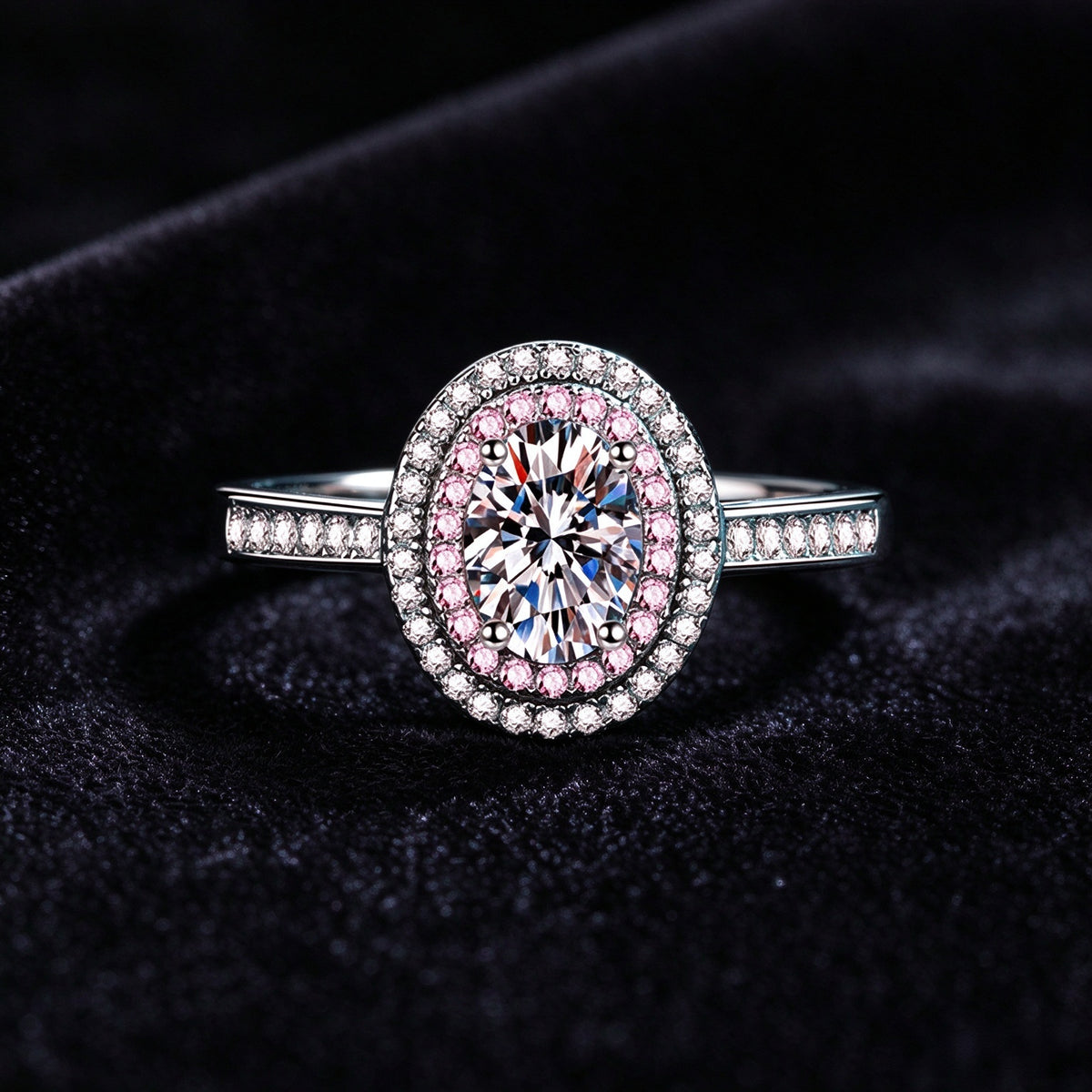 1 Carat Moissanite Halo Ring, 925 Sterling Silver Pink Accent Engagement Ring for Women