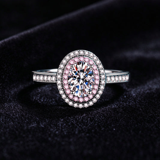 1 Carat Moissanite Halo Ring, 925 Sterling Silver Pink Accent Engagement Ring for Women