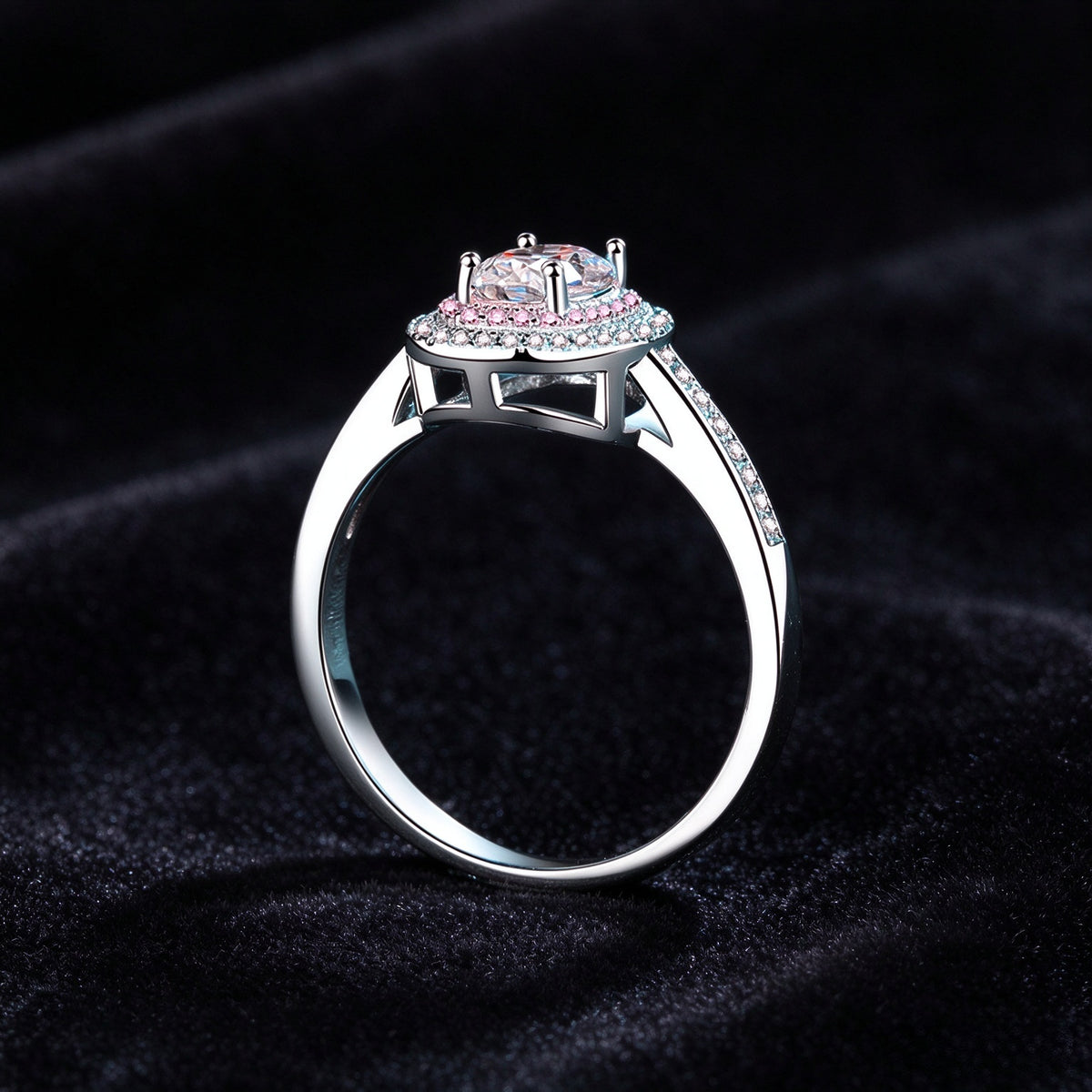 1 Carat Moissanite Halo Ring, 925 Sterling Silver Pink Accent Engagement Ring for Women