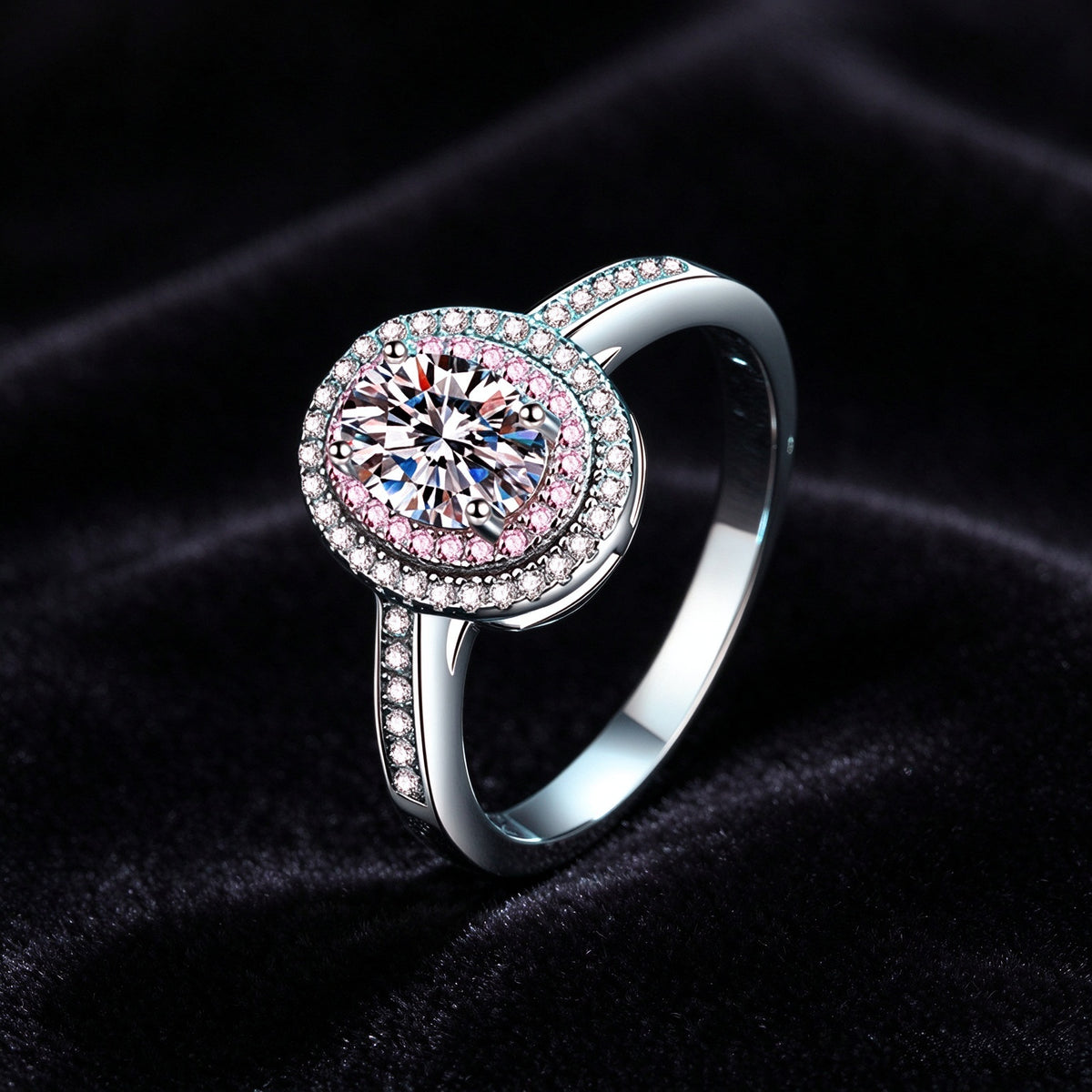 1 Carat Moissanite Halo Ring, 925 Sterling Silver Pink Accent Engagement Ring for Women
