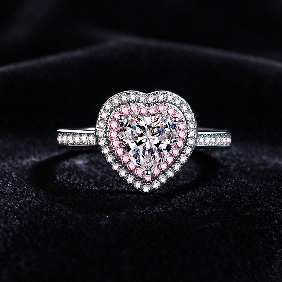 1 Carat Heart Shape Moissanite Halo Ring, 925 Sterling Silver Pink Heart Promise Ring for Women