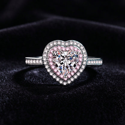 1 Carat Heart Shape Moissanite Halo Ring, 925 Sterling Silver Pink Heart Promise Ring for Women