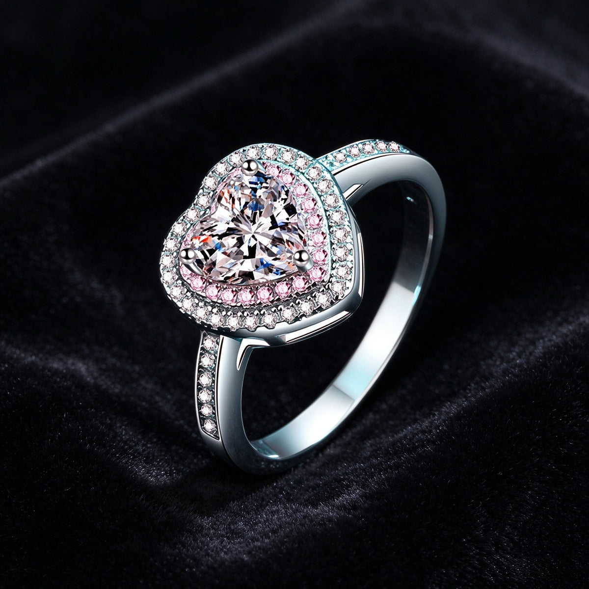 1 Carat Heart Shape Moissanite Halo Ring, 925 Sterling Silver Pink Heart Promise Ring for Women