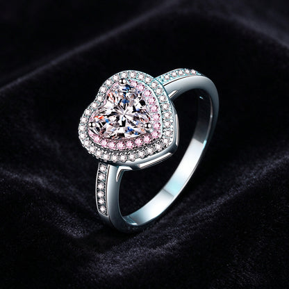 1 Carat Heart Shape Moissanite Halo Ring, 925 Sterling Silver Pink Heart Promise Ring for Women