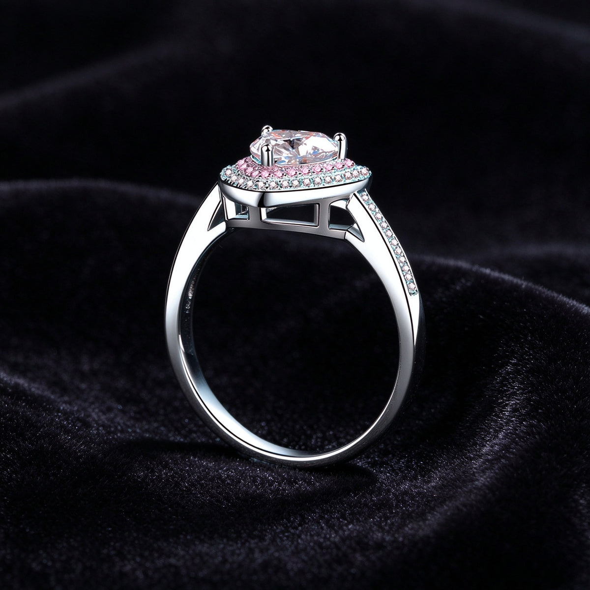 1 Carat Heart Shape Moissanite Halo Ring, 925 Sterling Silver Pink Heart Promise Ring for Women