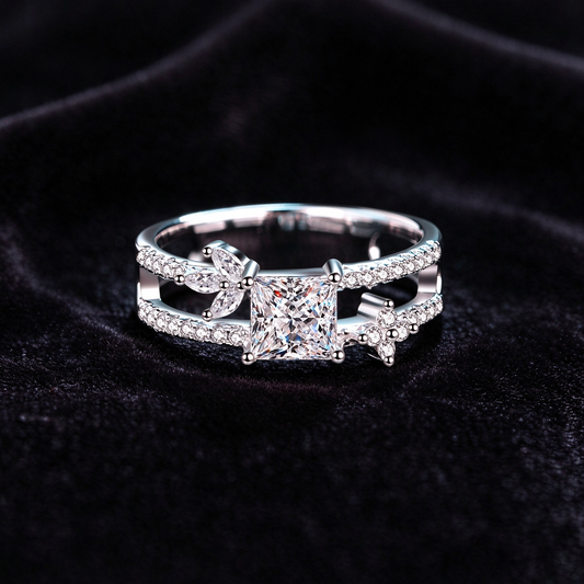 1 Carat Princess Cut Moissanite Ring, 925 Sterling Silver Crossover Starburst Promise Ring for Women