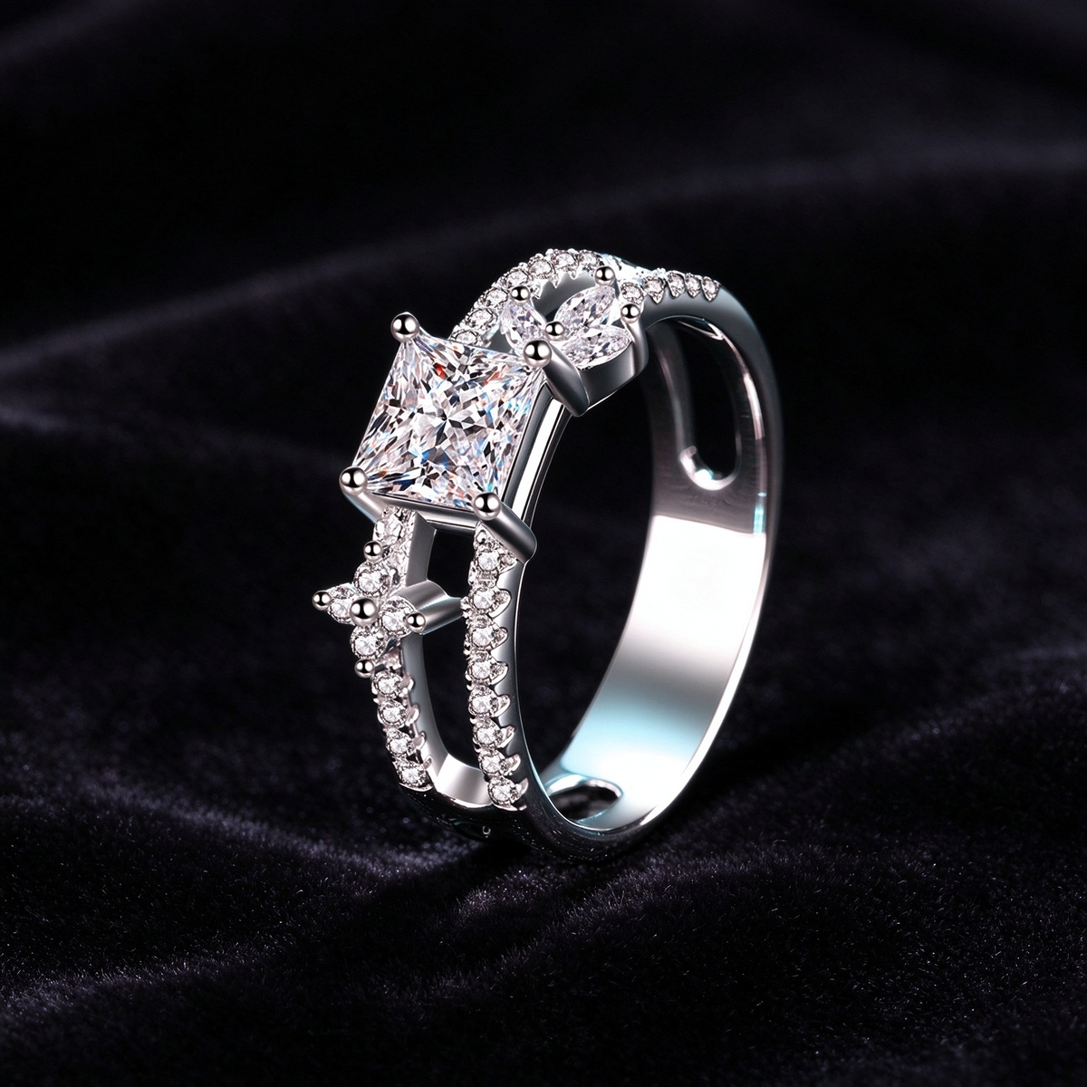 1 Carat Princess Cut Moissanite Ring, 925 Sterling Silver Crossover Starburst Promise Ring for Women