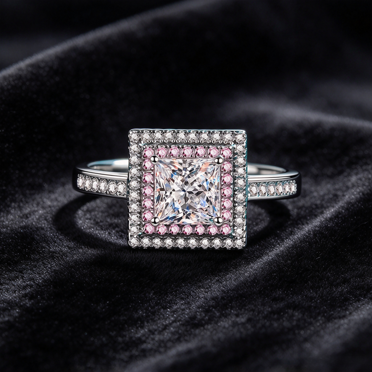 1 Carat Moissanite Princess Cut Ring, 925 Sterling Silver Square Halo Pink Stone Engagement Ring for Women