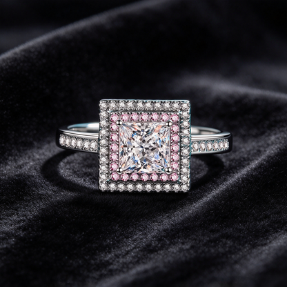 1 Carat Moissanite Princess Cut Ring, 925 Sterling Silver Square Halo Pink Stone Engagement Ring for Women