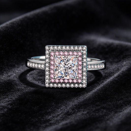 1 Carat Moissanite Princess Cut Ring, 925 Sterling Silver Square Halo Pink Stone Engagement Ring for Women
