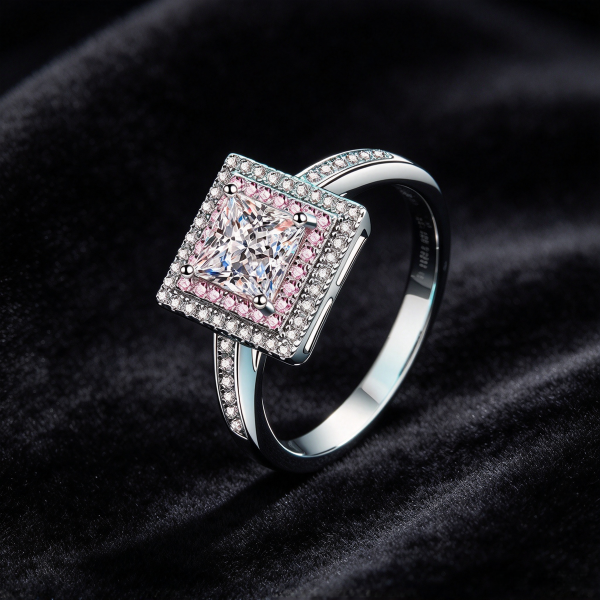 1 Carat Moissanite Princess Cut Ring, 925 Sterling Silver Square Halo Pink Stone Engagement Ring for Women