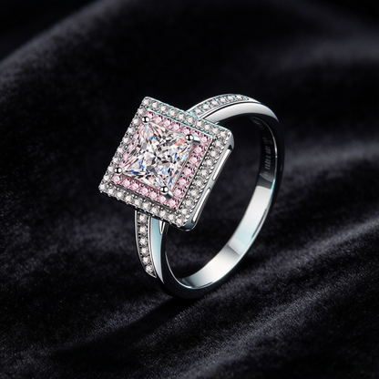 1 Carat Moissanite Princess Cut Ring, 925 Sterling Silver Square Halo Pink Stone Engagement Ring for Women