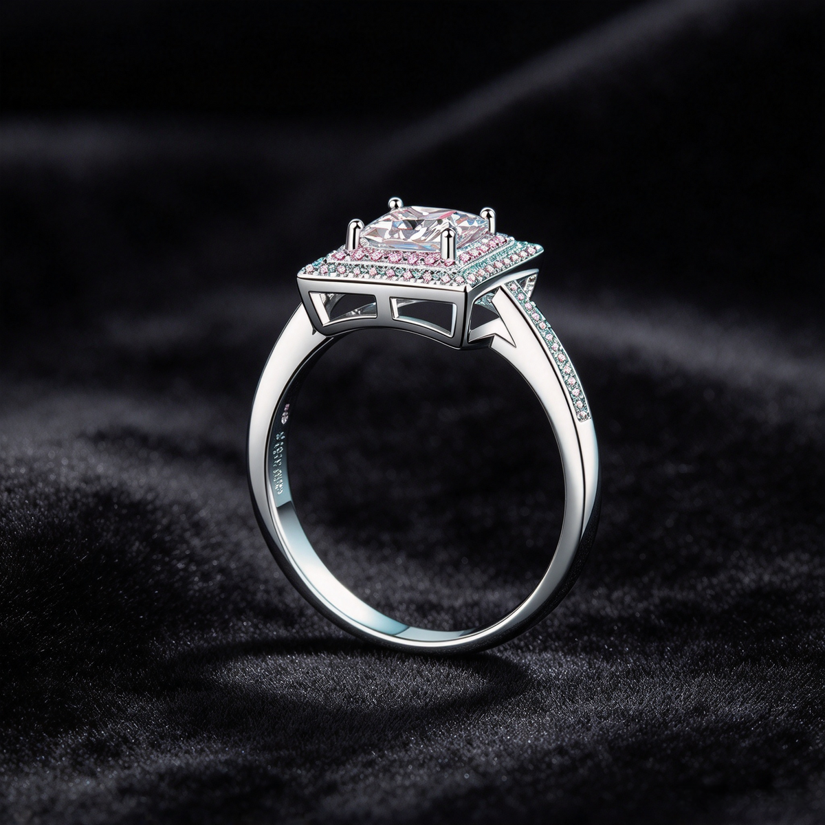 1 Carat Moissanite Princess Cut Ring, 925 Sterling Silver Square Halo Pink Stone Engagement Ring for Women