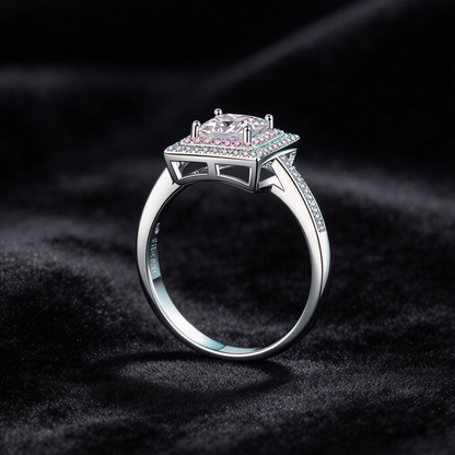 1 Carat Moissanite Princess Cut Ring, 925 Sterling Silver Square Halo Pink Stone Engagement Ring for Women