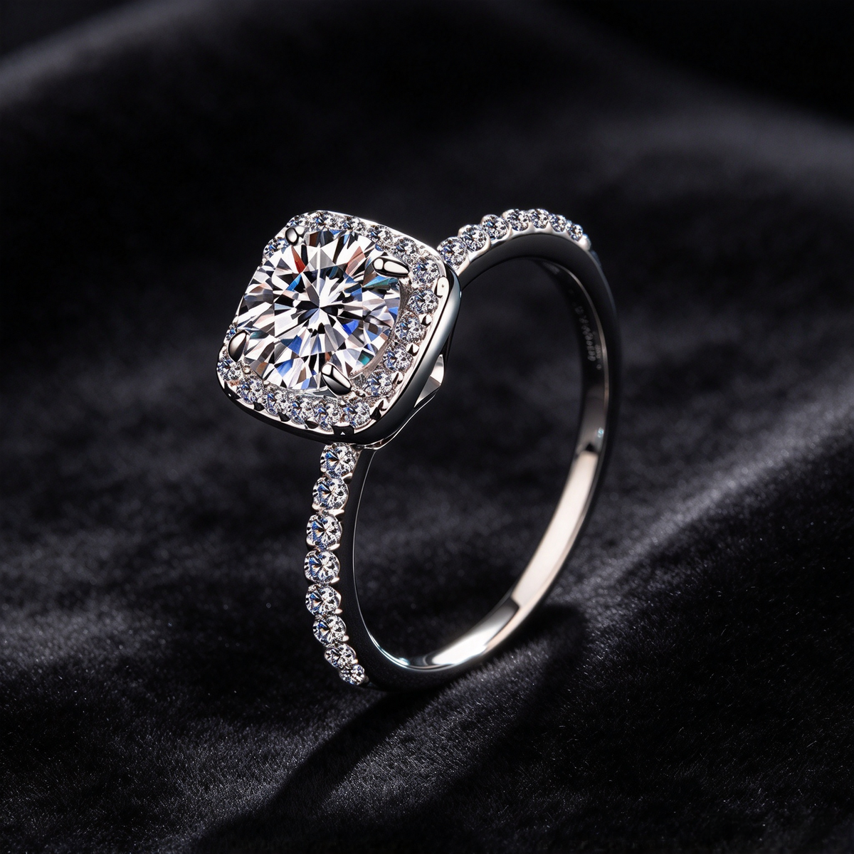 Moissanite Cushion Halo Engagement Ring, 925 Sterling Silver Pave Band Wedding Ring for Women