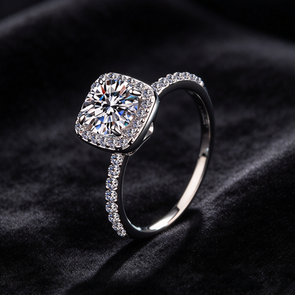 Moissanite Cushion Halo Engagement Ring, 925 Sterling Silver Pave Band Wedding Ring for Women