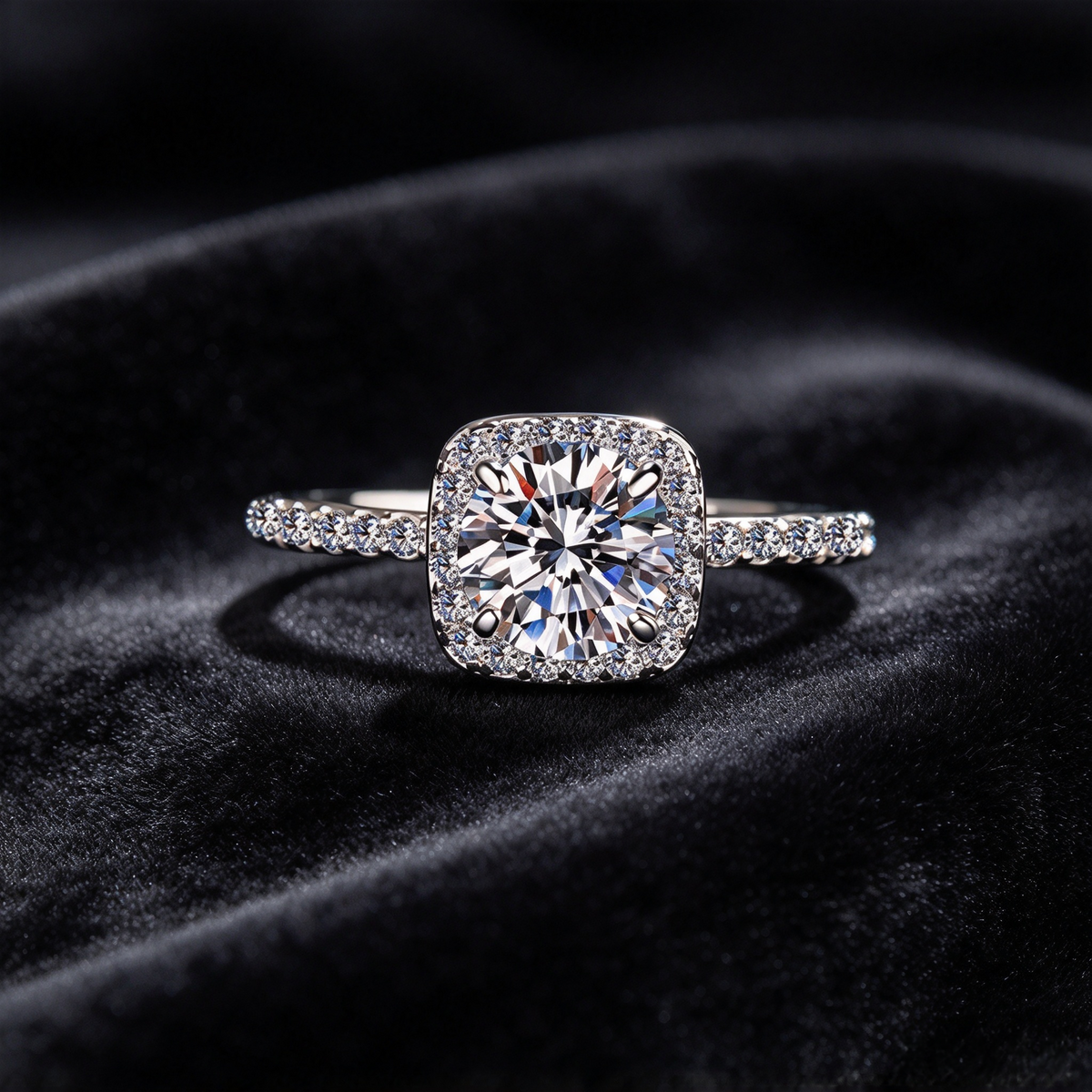 Moissanite Cushion Halo Engagement Ring, 925 Sterling Silver Pave Band Wedding Ring for Women