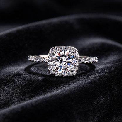Moissanite Cushion Halo Engagement Ring, 925 Sterling Silver Pave Band Wedding Ring for Women