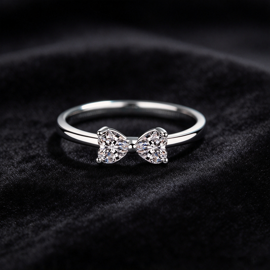 60 Points Moissanite Bow Ring, 925 Sterling Silver Double Heart Promise Ring, Romantic Love Ring for Women