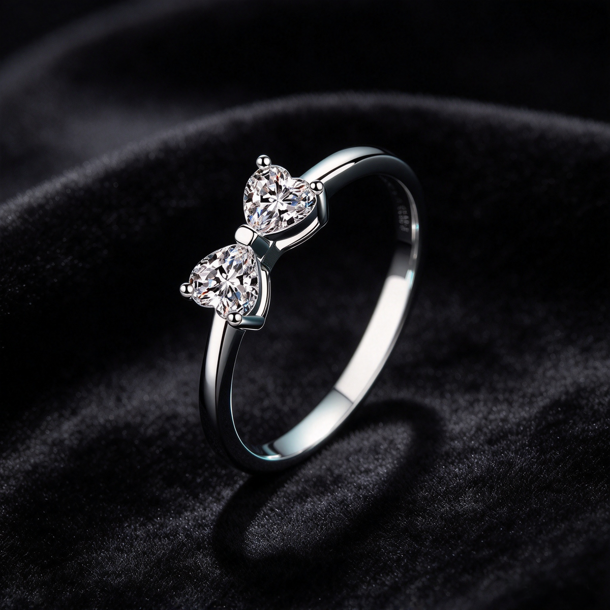 60 Points Moissanite Bow Ring, 925 Sterling Silver Double Heart Promise Ring, Romantic Love Ring for Women