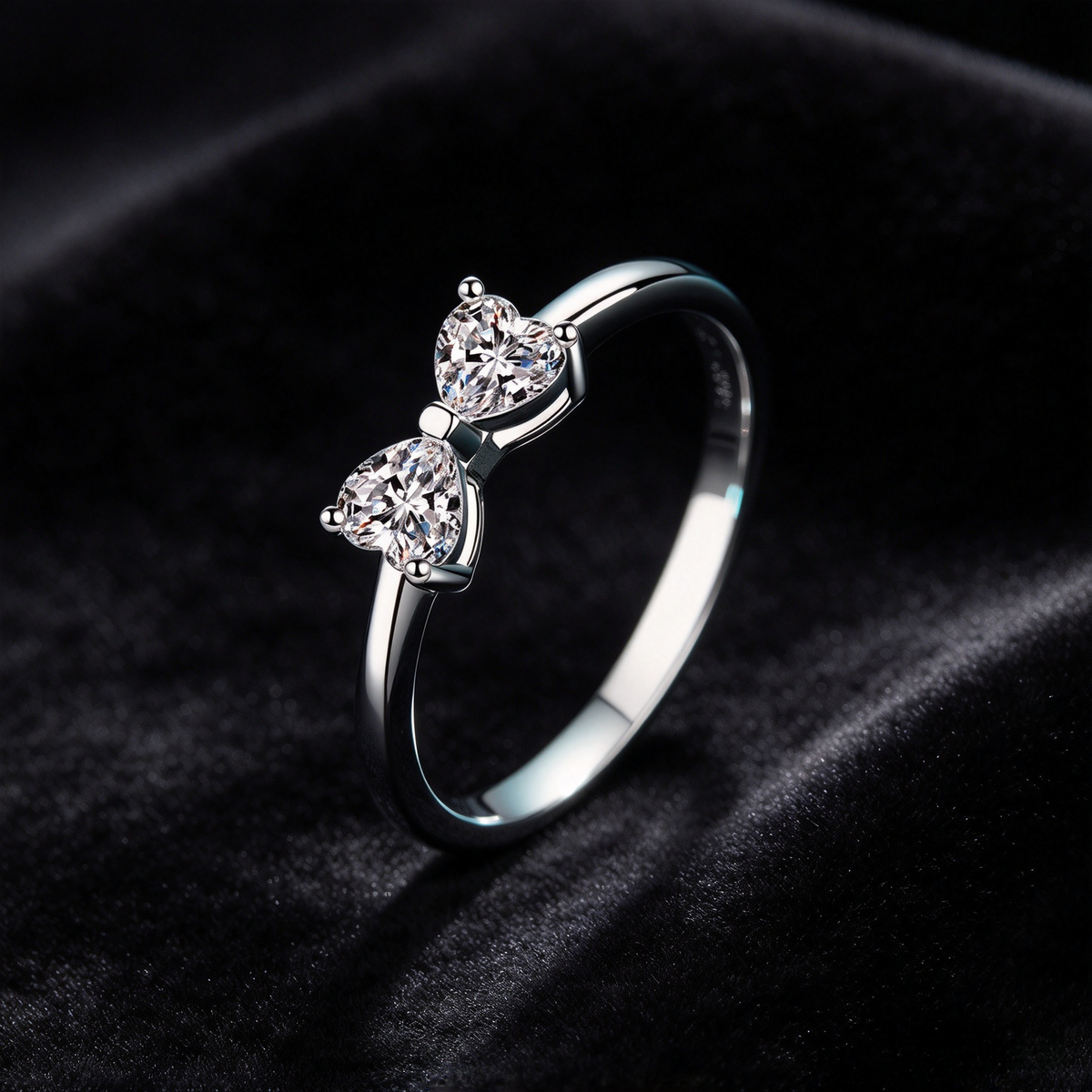 60 Points Moissanite Bow Ring, 925 Sterling Silver Double Heart Promise Ring, Romantic Love Ring for Women