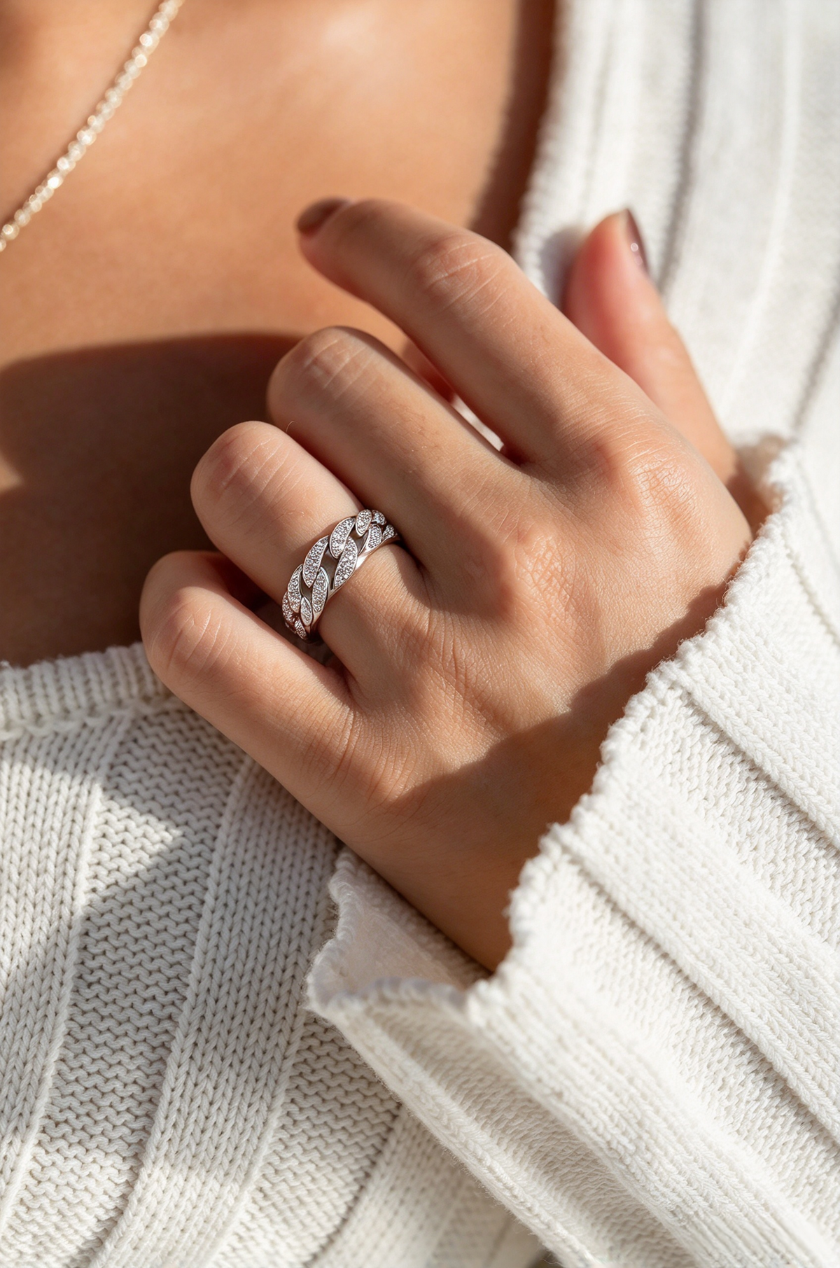 44 Points Moissanite Cuban Link Ring, 925 Sterling Silver White Gold Plated Full Eternity Band, Women’s Diamond-like Stackable Ring